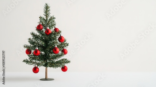 Minimalist Christmas tree with red baubles on white