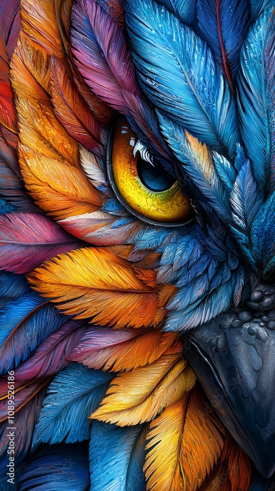 Obraz premium a close up of a colorful parrot's eye, with its feathers in shades of blue, orange, yellow and red The eye is the focal point of the image, surrounded by the vibrant colors of the feathers