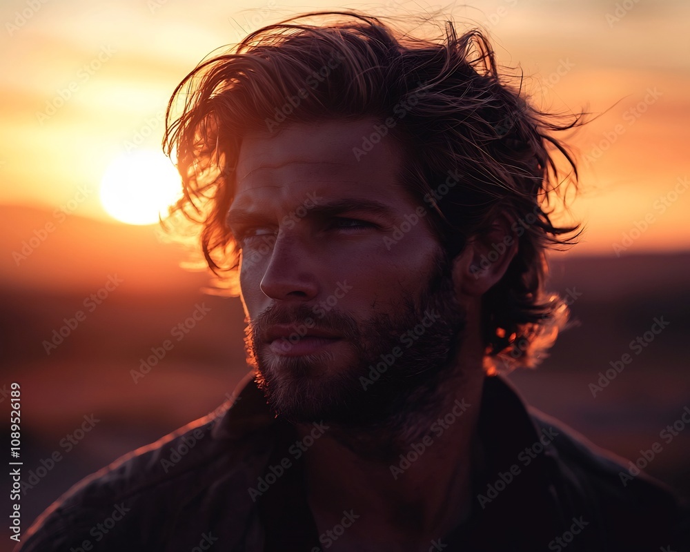 Windswept Portrait of a Handsome Man in the Desert Sunset Symbolizing Freedom and Natural Beauty Windswept Portrait of a Handsome Man in the Desert Sunset Symbolizing Freedom and Natural Beauty