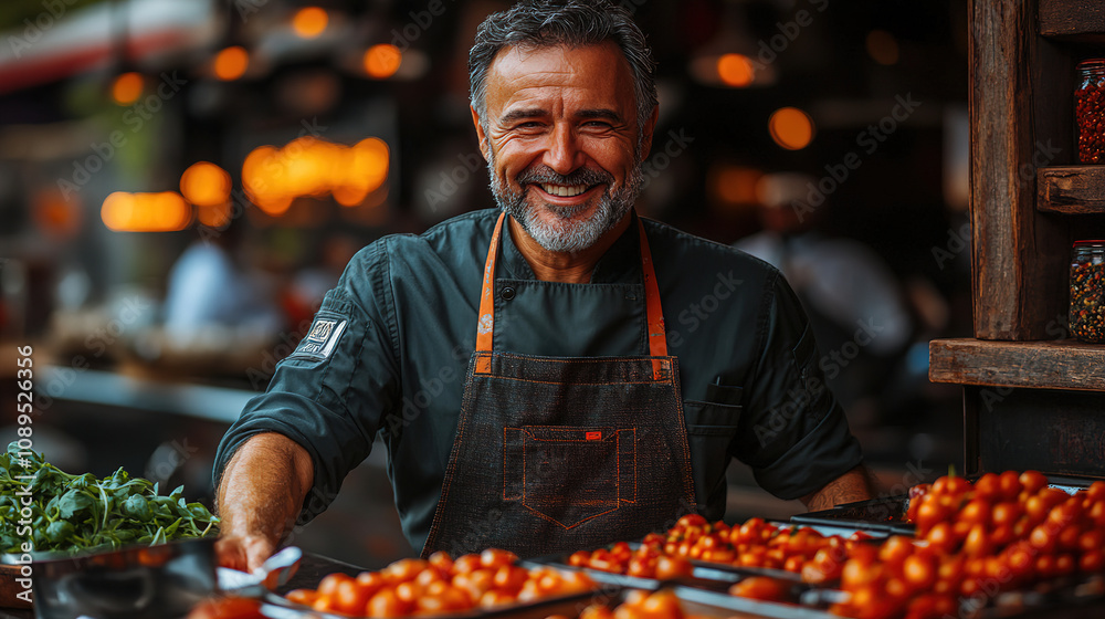 Obraz premium Chef smiling while preparing fresh tomatoes at a vibrant market in the early evening. Generative AI
