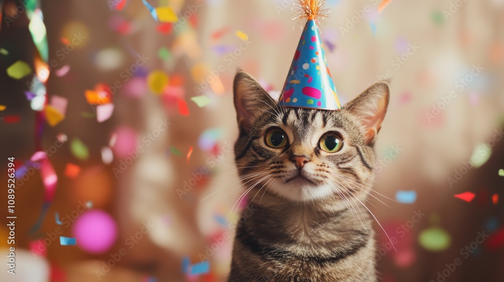 Celebrating feline joy a cat's birthday party at home with colorful confetti and festive atmosphere Celebrating feline joy a cat's birthday party at home with colorful confetti and festive atmosphere