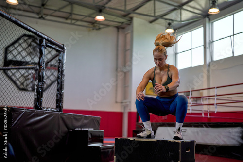 Woman performing a box jump exercise in a gym or Cross Fit box. photo