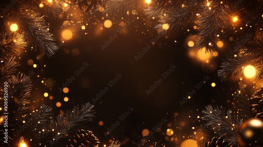 Golden Christmas Pine Branches Lights Festive Background Golden Christmas Pine Branches Lights Festive Background