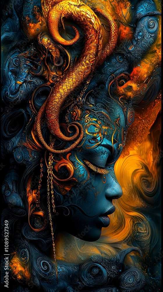 a woman with a snake coiled around her head, her face adorned with intricate designs Her eyes are closed, giving her a peaceful and serene expression Her hair is a woman with a snake coiled around her head, her face adorned with intricate designs Her eyes are closed, giving her a peaceful and serene expression Her hair is