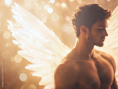 Handsome Man with Glowing Angel Wings in Ethereal Setting Symbolizing Purity and Spiritual Strength