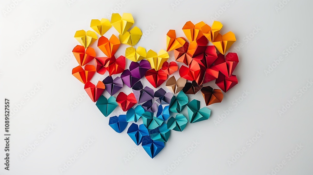 A vibrant heart-shaped arrangement made of colorful origami pieces, symbolizing love and creativity. A vibrant heart-shaped arrangement made of colorful origami pieces, symbolizing love and creativity.