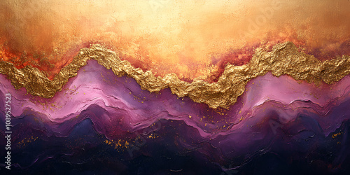 A painting of a mountain range with gold and purple colors