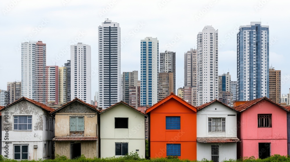 Fototapeta premium A striking contrast between modern skyscrapers and colorful traditional houses, showcasing urban development and heritage.
