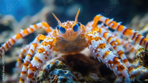 A close-up shot of a crabfish sitting on a rock, with a clear background photo