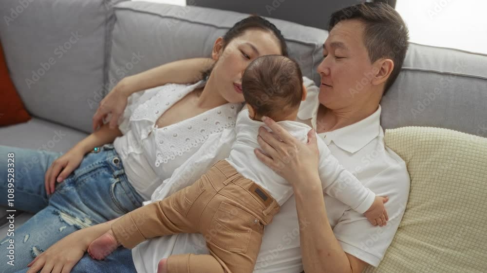 Mother and father relaxing on a sofa at home with their baby, expressing love and togetherness in a cozy living room setting. Mother and father relaxing on a sofa at home with their baby, expressing love and togetherness in a cozy living room setting.