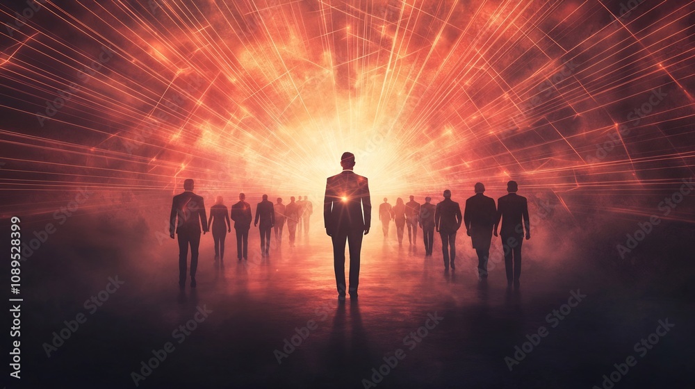 Fototapeta premium Business Leader Inspiring Collaborative Team with Glowing Light Rays
