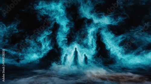  a group of people standing in front of a dark background with blue smoke, creating a mysterious and captivating atmosphere The resolution of the image is 1920x1080