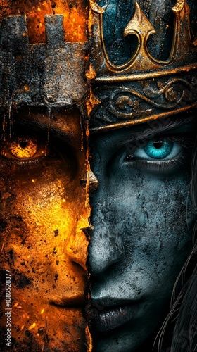  a woman with a crown on her head and a man with a sword in his hand, both of whom appear to be in a battle-ready stance The woman has a determined expression on he