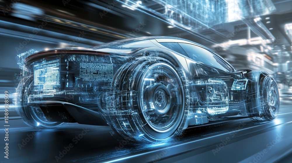 futuristic car with digital privacy shield, showcasing advanced technology and sleek design. vehicle appears to be in motion, surrounded by high tech environment futuristic car with digital privacy shield, showcasing advanced technology and sleek design. vehicle appears to be in motion, surrounded by high tech environment