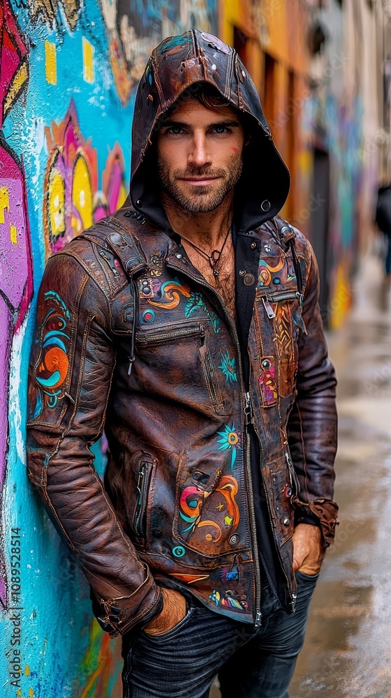 a man standing in front of a graffiti covered wall, wearing a leather jacket and a necklace The background is slightly blurred, giving the image a dreamy feel a man standing in front of a graffiti covered wall, wearing a leather jacket and a necklace The background is slightly blurred, giving the image a dreamy feel
