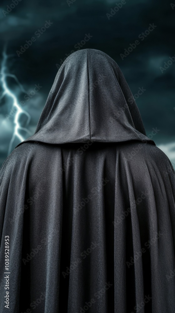 a man in a black cloak standing in front of a stormy sky, illuminated by a bright lightning bolt a man in a black cloak standing in front of a stormy sky, illuminated by a bright lightning bolt