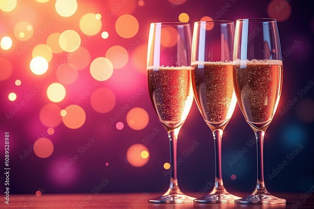 Celebrate in Style with Three Elegant Champagne Flutes against a Vibrant, Sparkling Background Perfect for Holiday or Party Invitations Celebrate in Style with Three Elegant Champagne Flutes against a Vibrant, Sparkling Background Perfect for Holiday or Party Invitations