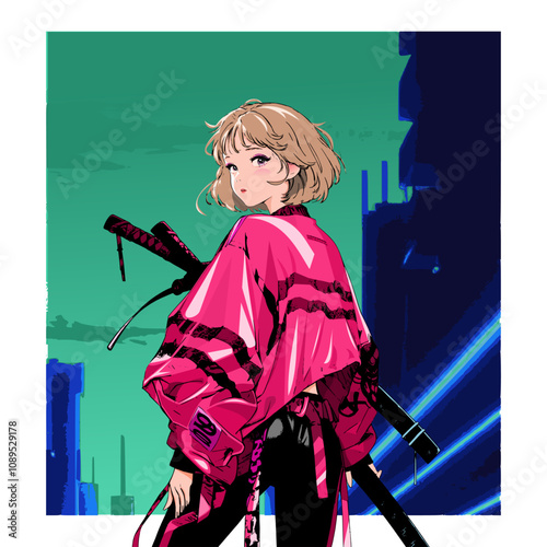 samurai streetwear girl - modern anime warrior with katana