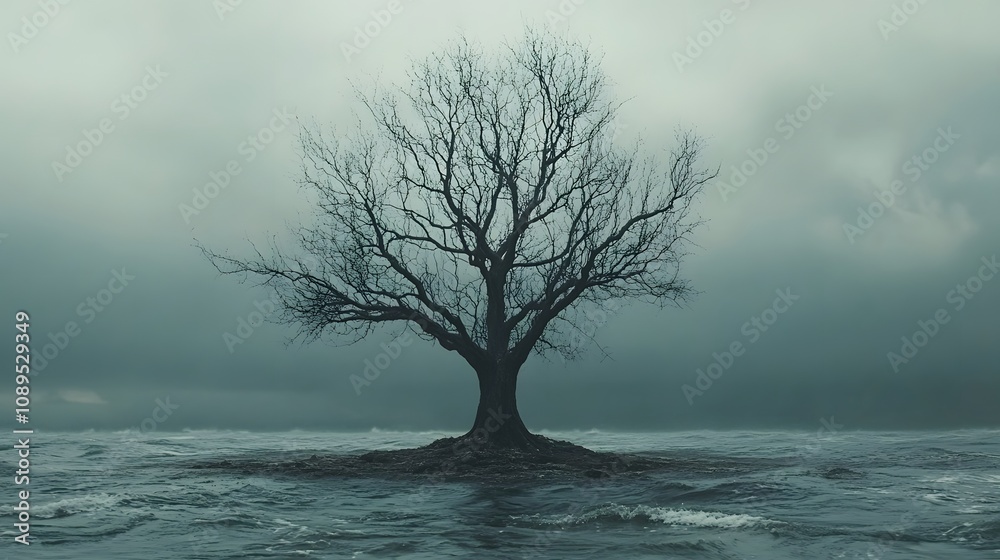 Lonely tree against a moody, foggy landscape by the water. Lonely tree against a moody, foggy landscape by the water.