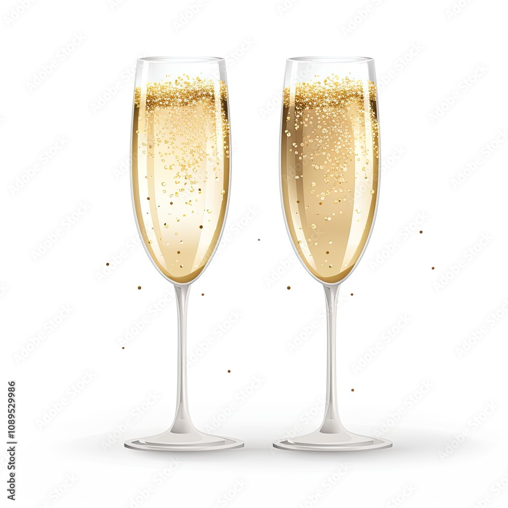 Two Elegant Champagne Flutes Filled with Bubbly Sparkling Beverage, Celebratory Toast with Reflections and Bubbles on a White Background Two Elegant Champagne Flutes Filled with Bubbly Sparkling Beverage, Celebratory Toast with Reflections and Bubbles on a White Background