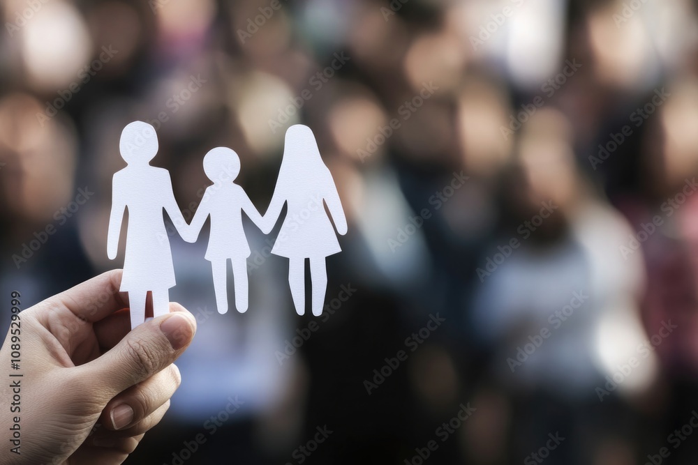A person holds a paper cutout of a family, perfect for illustration or design A person holds a paper cutout of a family, perfect for illustration or design