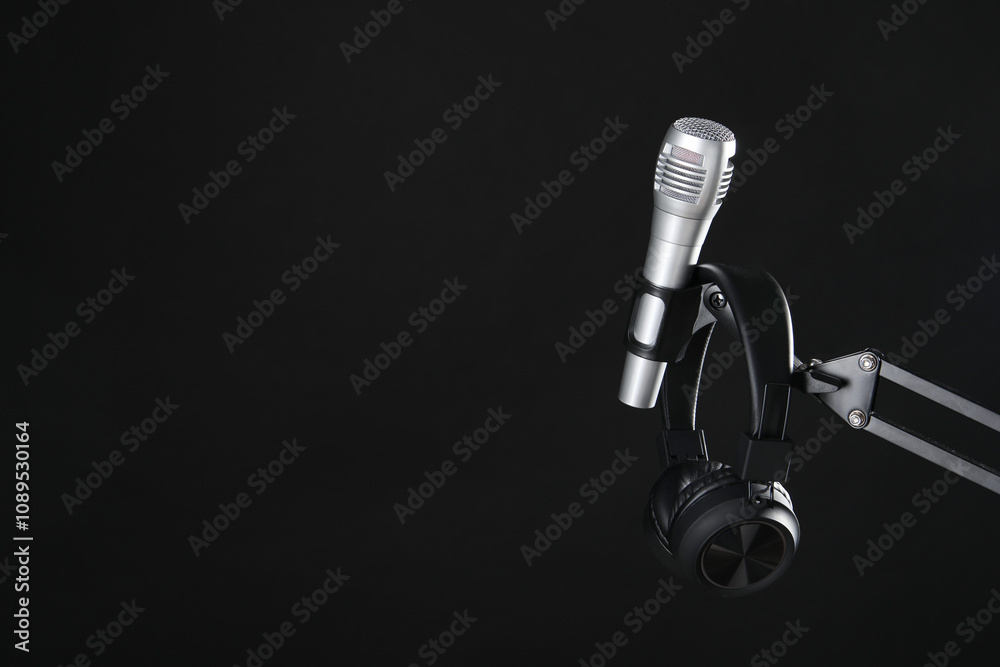 Stand with microphone and headphones on black background, space for text. Sound recording and reinforcement Stand with microphone and headphones on black background, space for text. Sound recording and reinforcement