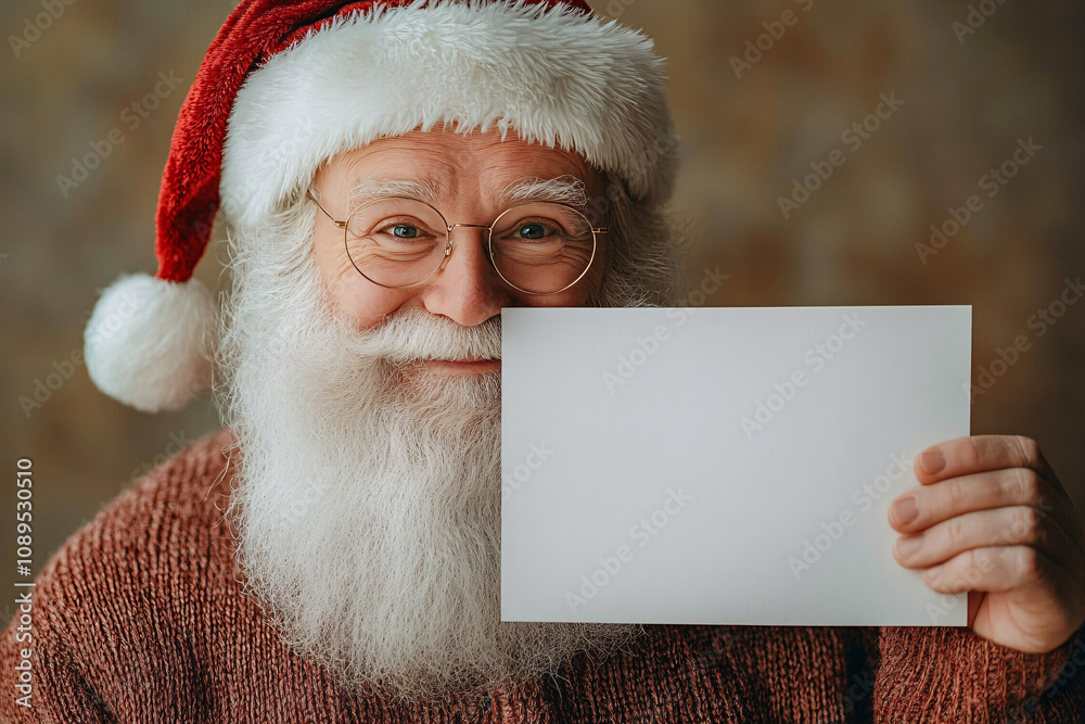 Naklejka premium Festive portrait of a joyful elderly man in a Santa hat, perfect for Christmas greetings, promotional holiday materials, and joyful announcements.