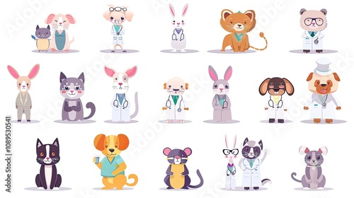 Set of cute animals doctors. Funny anthropomorphic pediatric medics. Health care cartoon characters. 