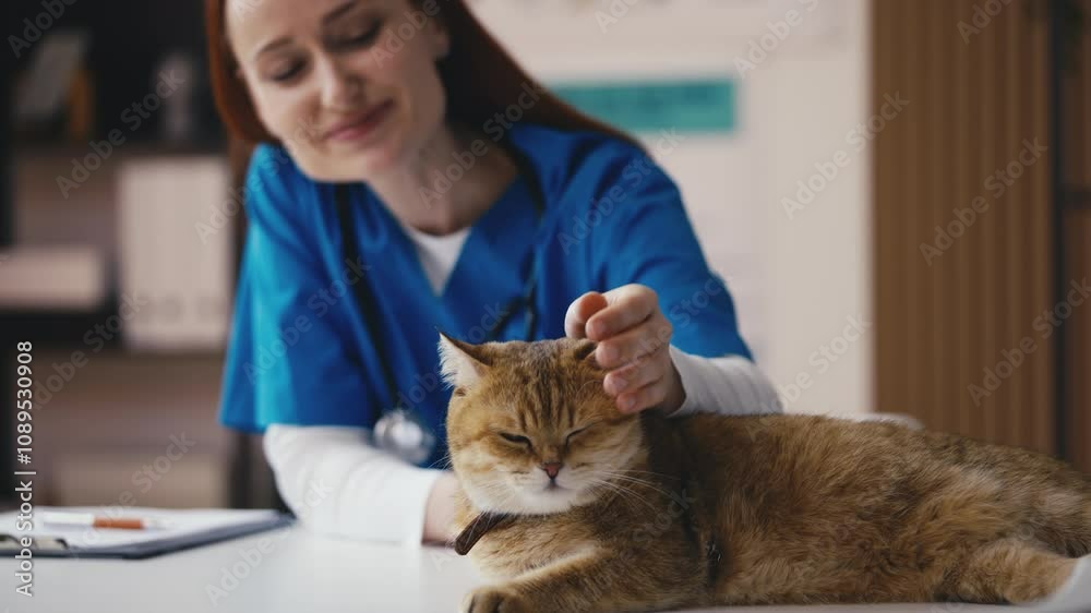 Kind female veterinarian stroking cute purebred cat patient, pet care clinic Kind female veterinarian stroking cute purebred cat patient, pet care clinic