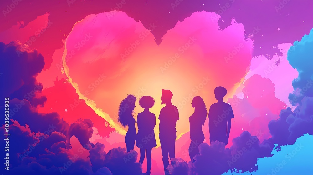 Fototapeta premium Silhouettes of five people stand before a vibrant heart-shaped sunset, symbolizing love and connection.