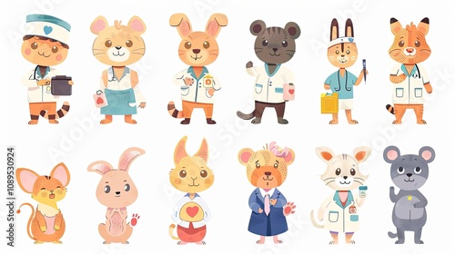 Set of cute animals doctors. Funny anthropomorphic pediatric medics. Health care cartoon characters. 