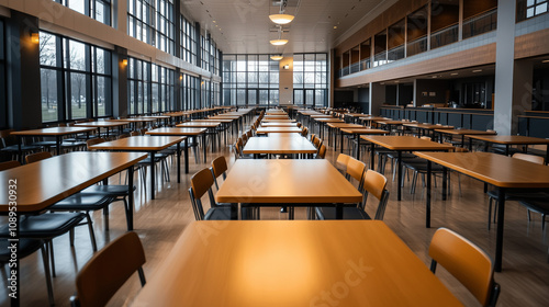 School cafeteria with large windows and wooden tables