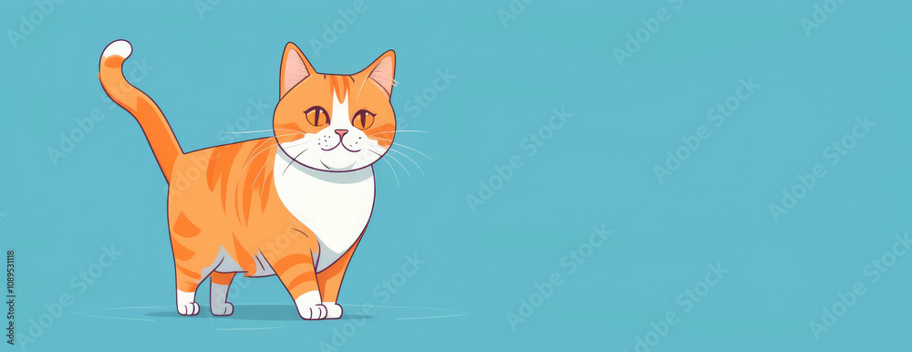Illustration of ginger fat cat walking on isolated blue background. Copy space