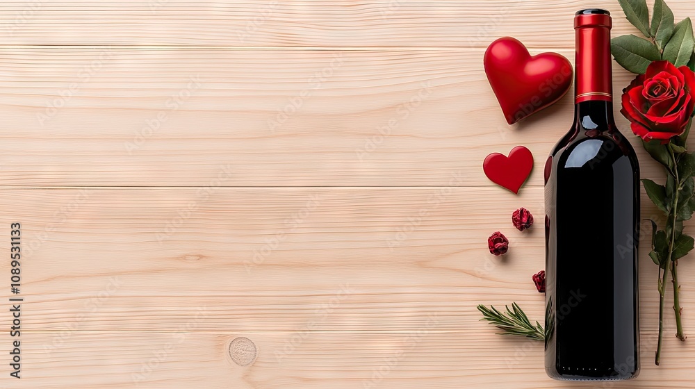 Romantic bouquet of red roses and wine set on wooden background for heartfelt celebrations and special occasions Romantic bouquet of red roses and wine set on wooden background for heartfelt celebrations and special occasions