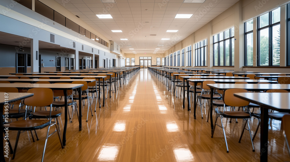 Spacious school cafeteria with wooden flooring Spacious school cafeteria with wooden flooring