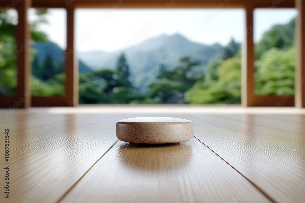 a round object on a wooden floor in front of a window, with a blurred background of trees, mountains, and sky