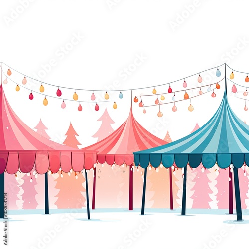 Colorful Festival Tents with Decorative Lights and Christmas Trees in a Vibrant Winter Landscape Setting