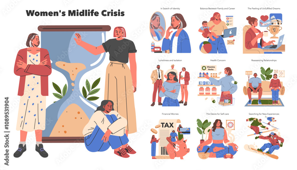 Women Midlife Crisis. Flat Vector Illustration Women Midlife Crisis. Flat Vector Illustration