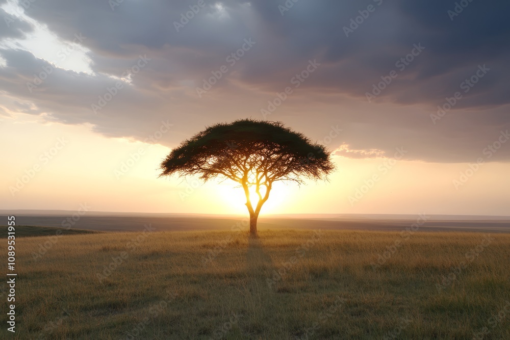 a lone acacia tree standing in the middle of a grassy field at sunset, with the sky in the background illuminated in a beautiful array of oranges, pinks, and purple a lone acacia tree standing in the middle of a grassy field at sunset, with the sky in the background illuminated in a beautiful array of oranges, pinks, and purple