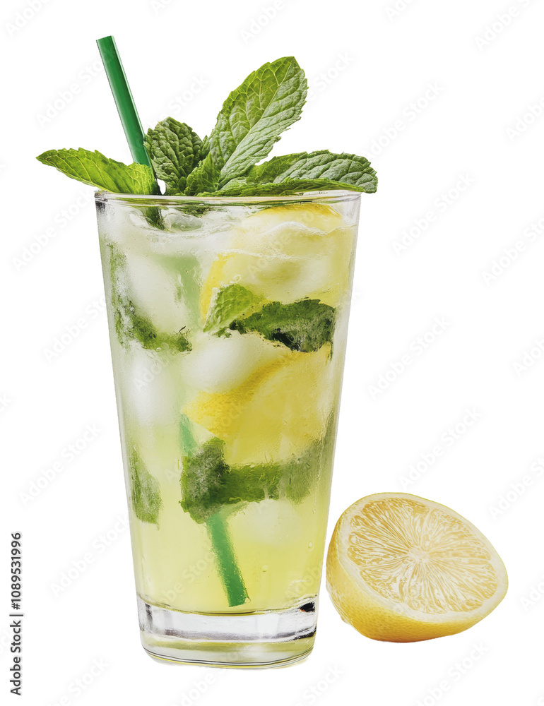 Fototapeta premium PNG Mint lemonade with lemon slice & straw