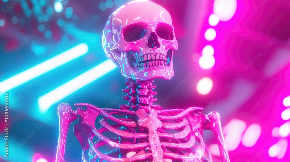 A skeleton with a pink glow in the background, suitable for Halloween or spooky-themed designs A skeleton with a pink glow in the background, suitable for Halloween or spooky-themed designs