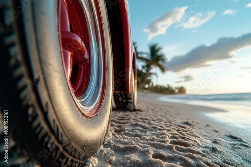  a red car parked on the beach next to the ocean, with its tire visible The car is surrounded by sand and trees, and the sky is filled with clouds