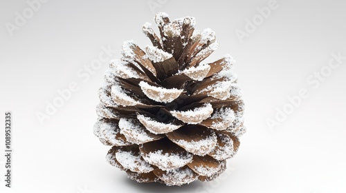 Snow-dusted pine cone on white background photo