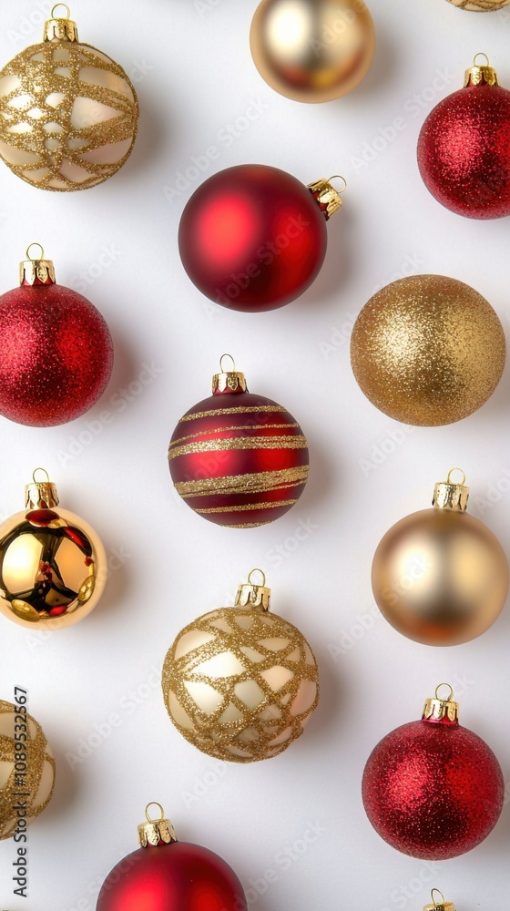 Christmas decoration and ornament, A festive arrangement of red and gold Christmas ornaments, showcasing various textures and designs on a light background. Christmas decoration and ornament, A festive arrangement of red and gold Christmas ornaments, showcasing various textures and designs on a light background.