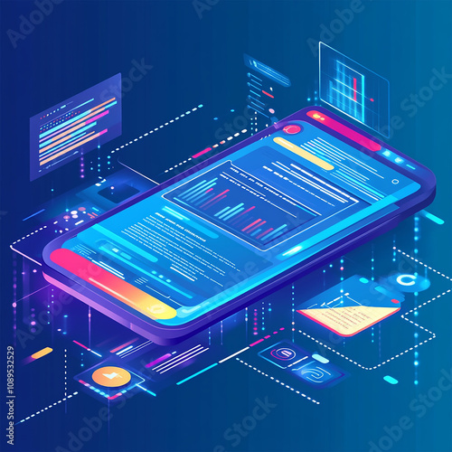 Smartphone application displaying business graphs and analytics data on an isometric mobile phone. It involves analyzing trends and financial strategies using infographic charts.