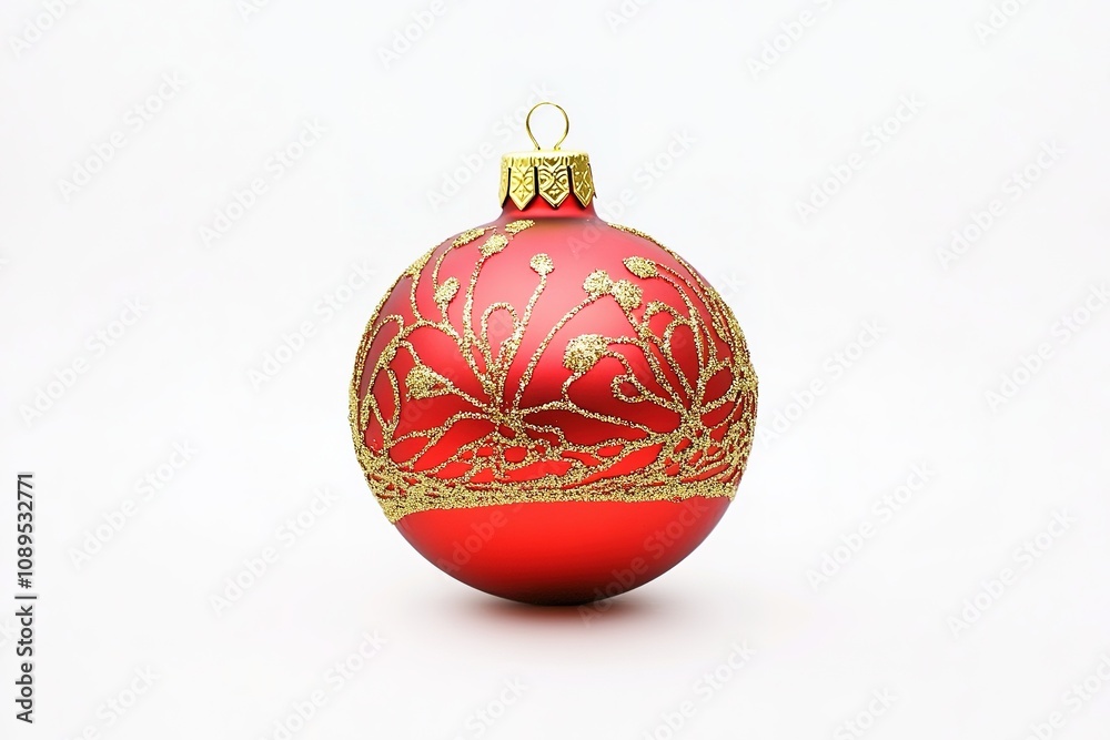 Red Christmas ball with golden glitter pattern on white. Red Christmas ball with golden glitter pattern on white.