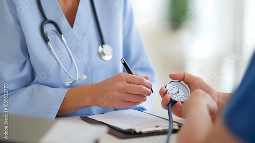 A healthcare worker double-checking a blood pressure reading for accuracy in a medical setting photo