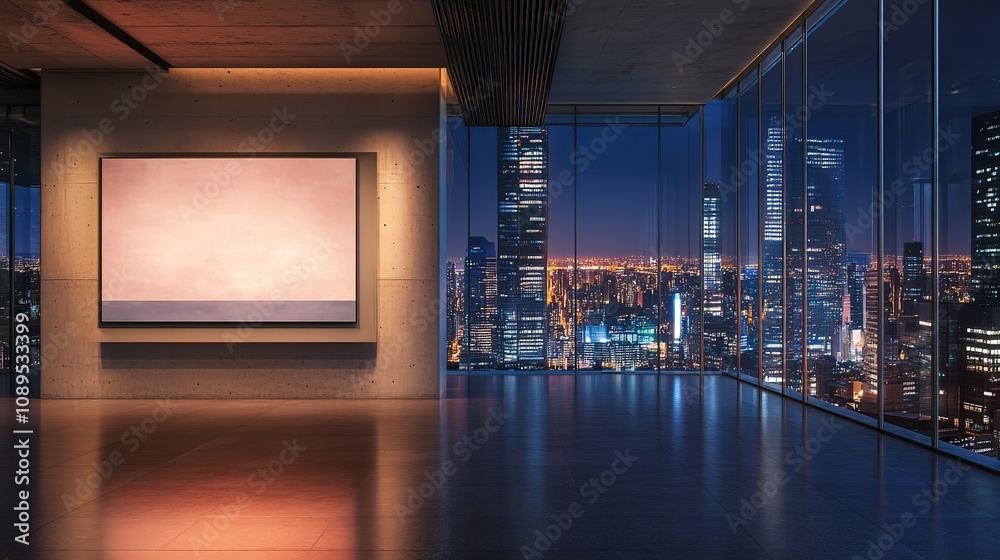 Fototapeta premium Empty modern office interior with large canvas display for Mockup and panoramic city views at night. 3D Rendering 8k High Resolution