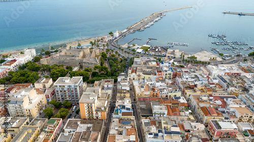 Aerial view of the castle of Manfredonia, in Puglia, Italy. It is a military structure built by the Aragonese and expanded in the eras of Swabian and Angevin domination. In background is Adriatic sea. photo