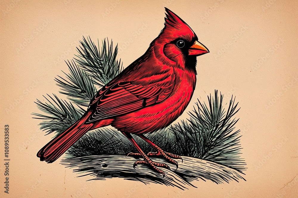Fototapeta Vibrant Cardinal Red Bird Engraving Illustration in Unique Two-Tone Sketch Style
